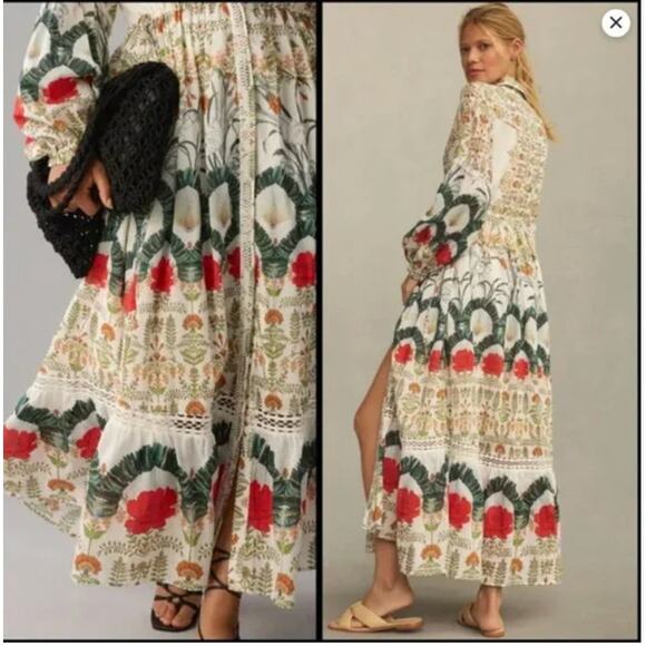 Anthropologie Cream Patterned Long Sleeve Button Down Maxi Dress Large - Picture 2 of 12